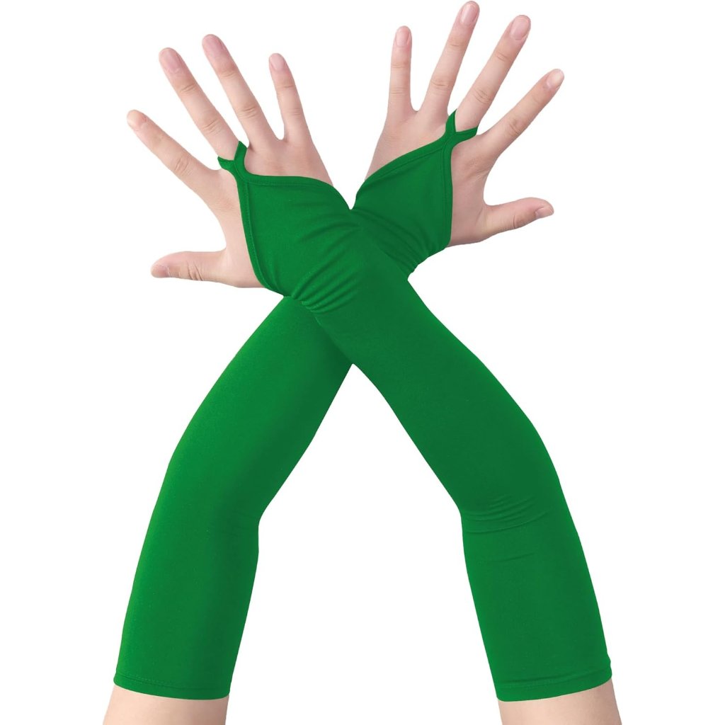 Women's Finger Loop Green Elegant Stretchy Spandex Elbow Length Satin Gloves